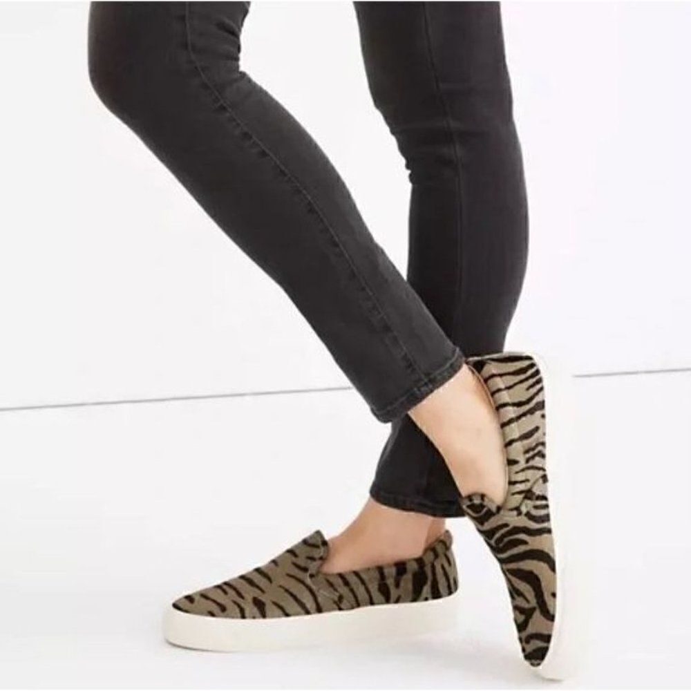 Madewell Sidewalk Slip On Sneakers in Zebra Calf Hair, Size 7.5
